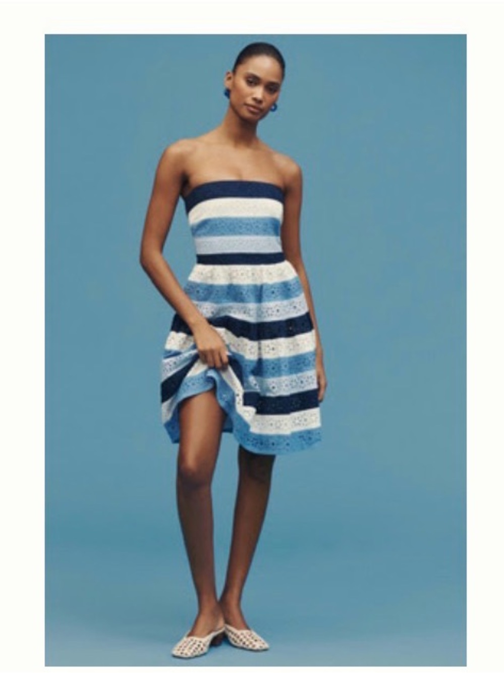 Maeve Strapless Blue & White Striped Eyelet Sundress